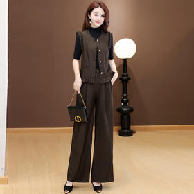 QYM 58C258507-Y时尚两件套裤高腰阔腿裤+木耳边褶皱马甲休闲套装