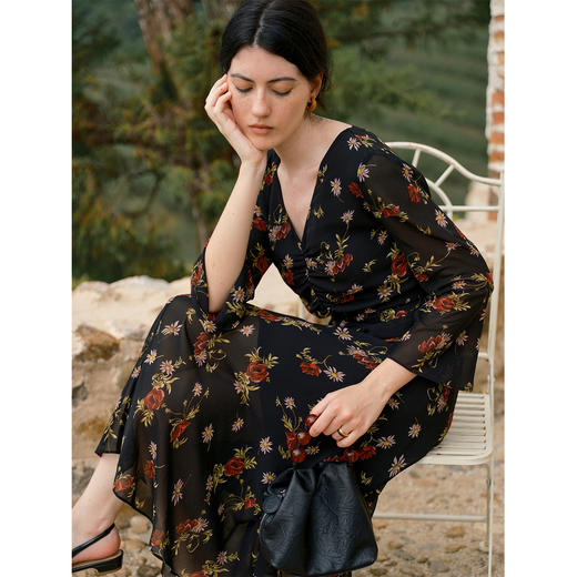 HeyDress前抽褶修身碎花连衣裙 商品图0