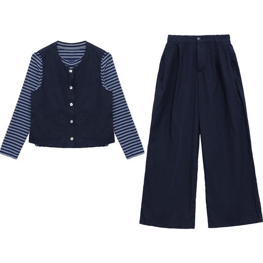 QYM 25XY501-Y三件套条纹打底衫+马甲+长款直筒裤套装 商品图4