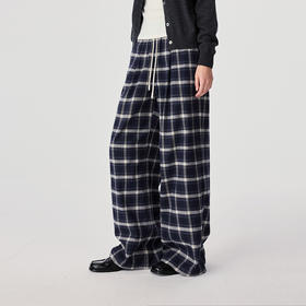 棉仓366618018-25秋绒感休闲格纹抽绳腰阔腿裤