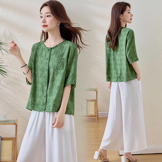 刺绣高级感复古，天丝棉麻短袖两件套HR-MY2608 商品图2