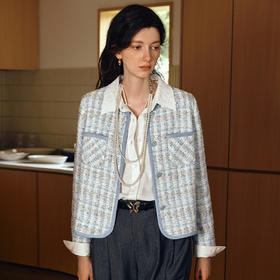 OLrain欧芮儿2025新款女秋季法式千金感清新蓝色小香风长袖短外套