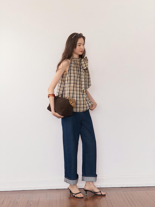 Even Vintage | 复古泡泡格纹 宽松A型领口褶皱花边系带无袖上衣 商品图4