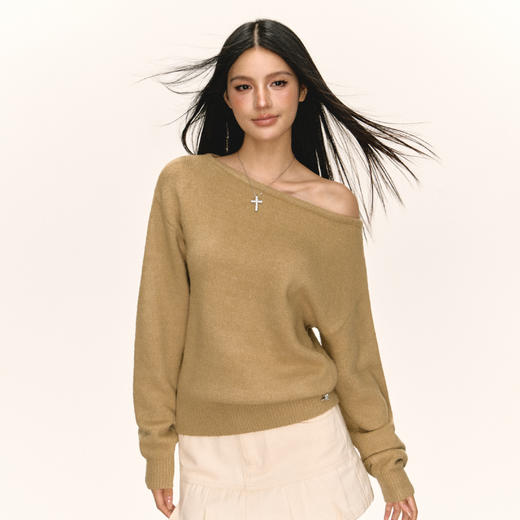 Ariseism 美式复古宽松斜肩毛衣女秋季新款外穿针织上衣 商品图2