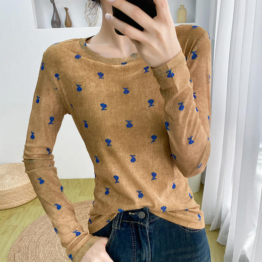 KQL A55F8566时尚纱网印花长袖圆领T恤修身显瘦打底衫上衣 商品图3