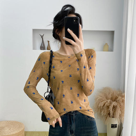 KQL A55F8566时尚纱网印花长袖圆领T恤修身显瘦打底衫上衣 商品图1