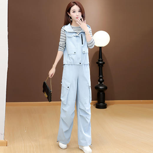 QYM 58C258506-Y时尚休闲三件套连帽马甲+长袖条纹衫+直筒阔腿裤宽松套装 商品图0