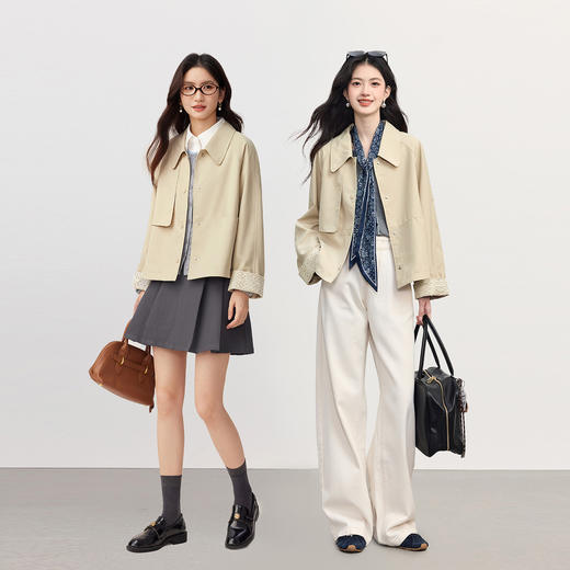 【09/03新品】熙世界高级感短款风衣外套2025秋季新款休闲工装风翻领夹克上衣 商品图2