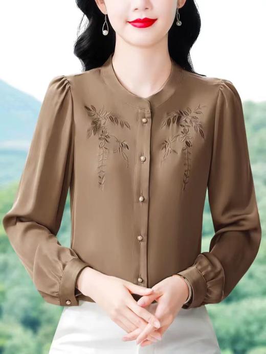中国风真丝衬衫女妈妈装2025春秋刺绣立领杭州桑蚕丝缎面长袖上衣 商品图5