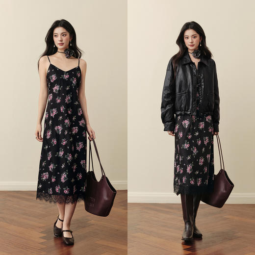 【严选】诗凡黎春秋复古碎花吊带蕾丝花边拼接连衣裙7G9191041 商品图1