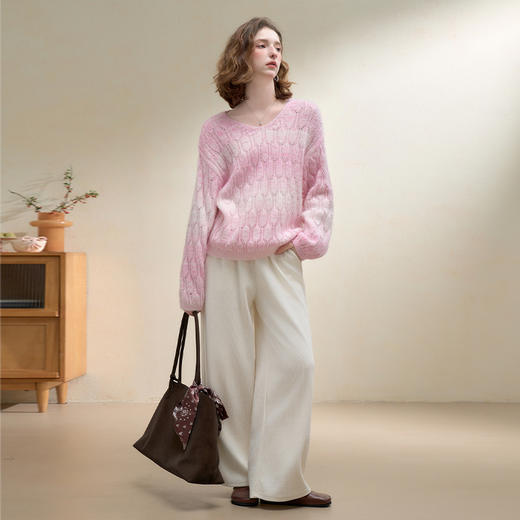 甜美氛围感晕染渐变圆领毛衣女秋季宽松显瘦套头针织衫上衣V2651166 商品图1