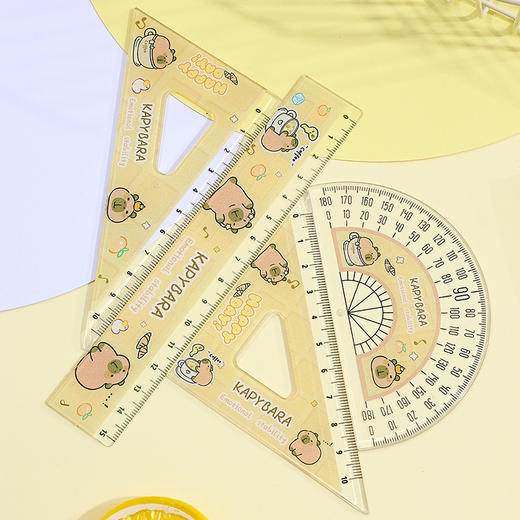 【13.9抢2套❗卡皮巴拉尺子套装】自带波浪形，标记重点，尺身光滑舒适，无毛刺不伤手，可爱水豚套尺四件套文具学生用高颜值15cm刻度尺QQ 商品图0