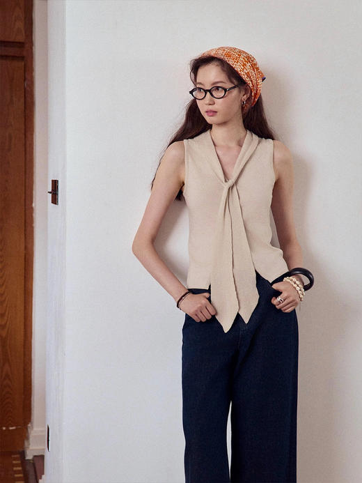 【现货】Even Vintage | 桑蚕丝棉混纺 高智感修身优雅针织飘带背心马甲女 商品图2
