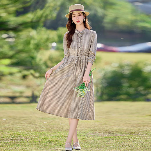 文艺复古格子连衣裙2025秋季新款设计感边系带长袖中长连衣裙SYY2677 商品图1