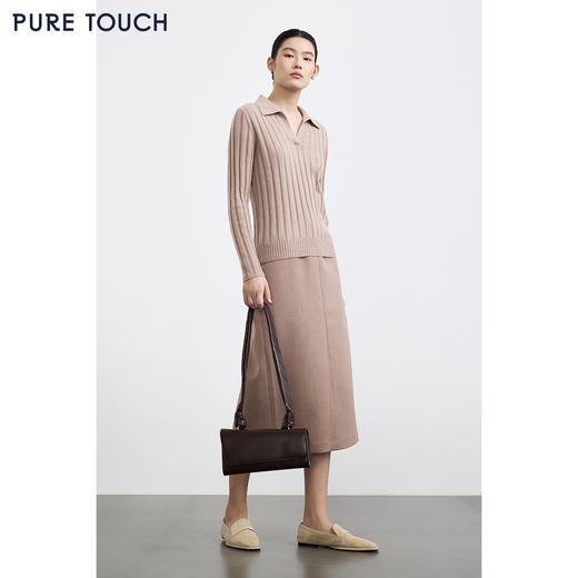 PURE TOUCH 浅驼色坑条纹理翻领V领针织上衣 商品图1