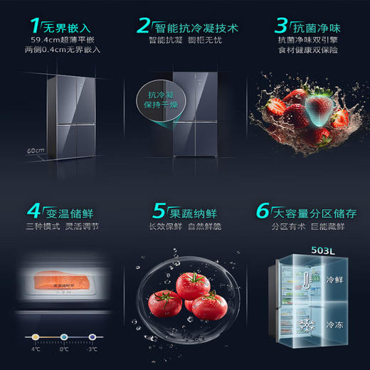 西门子（SIEMENS）十字对开门平嵌冰箱503升大容量存储 抗菌净味 智能抗冷凝技术 三种变温储鲜 玻璃面板 KC88EA256C 湖蕴蓝 商品图1