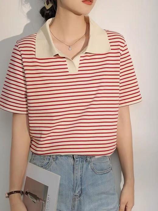 【孤品捡漏】（伊芙丽品牌）G106红色条纹宽松T恤-喜出 商品图0