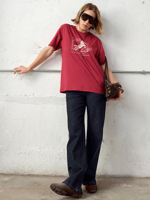 TR她热 小马邮差 铁锈红色复古印花做旧水洗宽松百搭T恤短袖 商品图0