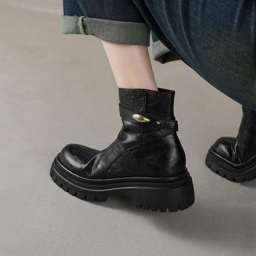 阿么手工女鞋短筒拉链复古短靴厚底5CM品牌真皮2025新款靴子女款 商品图1