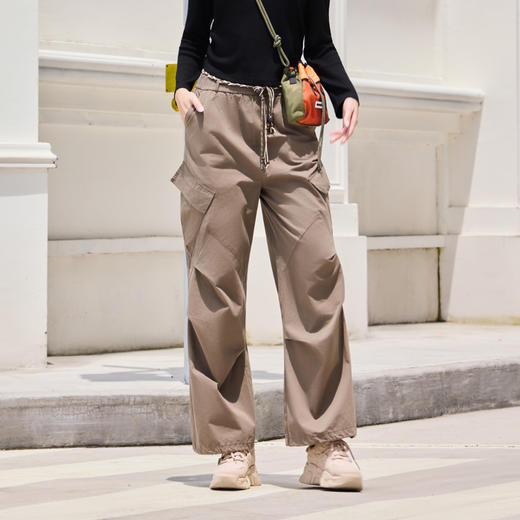 半身缘女裤 秋季纯棉宽松休闲系绳中直筒工装裤253102P178TK023 商品图0