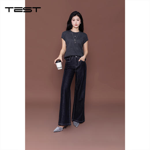 秋上新深蓝色高腰显瘦阔腿微喇牛仔裤3253028 商品图1