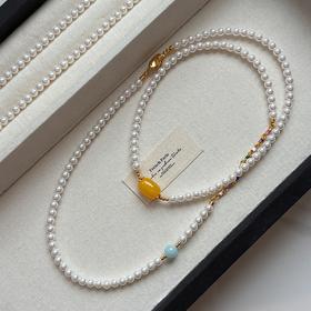 新中式绿色碧玉髓翡翠长款珍珠项链毛衣链