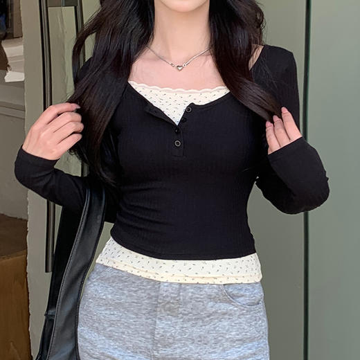 法式碎花假两件针织衫  2025秋冬新款修身显瘦U领高级感打底衫设计感纯欲上衣流行爆款 商品图1