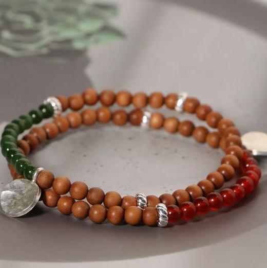【甄珠贝】轻中式 红与绿的碰撞 纯银檀香玛瑙碧玉手串 商品图4