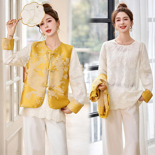 HR CPYY8118新中式提花缎面盘扣马甲蕾丝两件套 商品图1