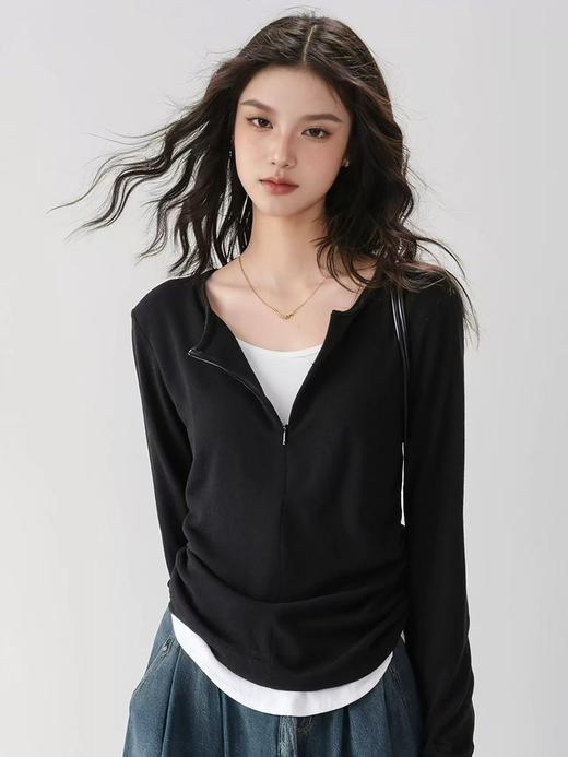 【孤品捡漏】（样衣）G96假两件拉链修身抽褶打底衫--喜出 商品图2