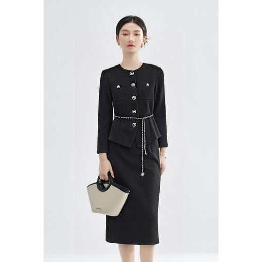 米思阳2026春季法式小香风黑色短外套女长袖显瘦高级感上衣高腰直筒半身裙女4476 商品图1