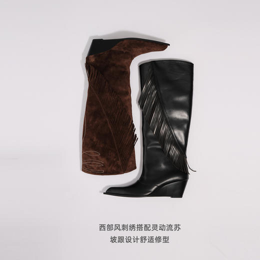 lost in echo2025早秋新款复古波西米亚时髦尖头流苏坡跟长筒靴女 商品图1