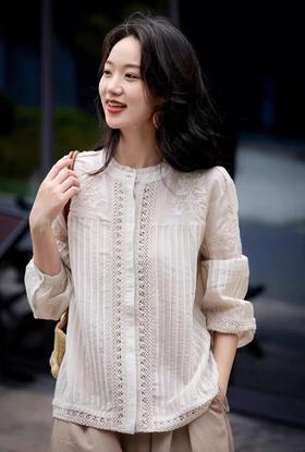 时光小溪法式刺绣衬衫重工木耳领泡泡袖上衣