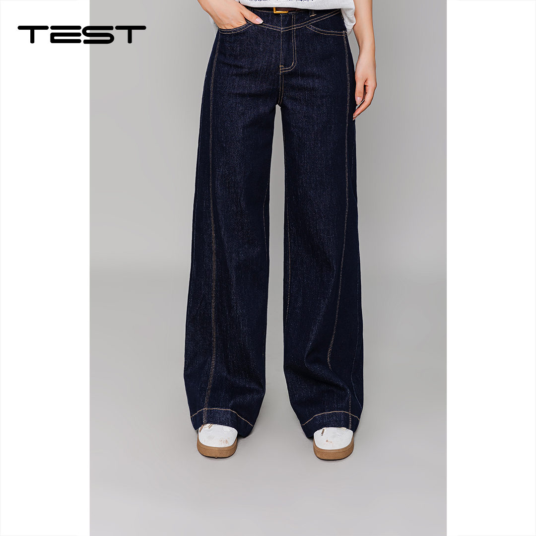 秋上新深蓝色阔腿独特压线设计超加分牛仔裤3253020