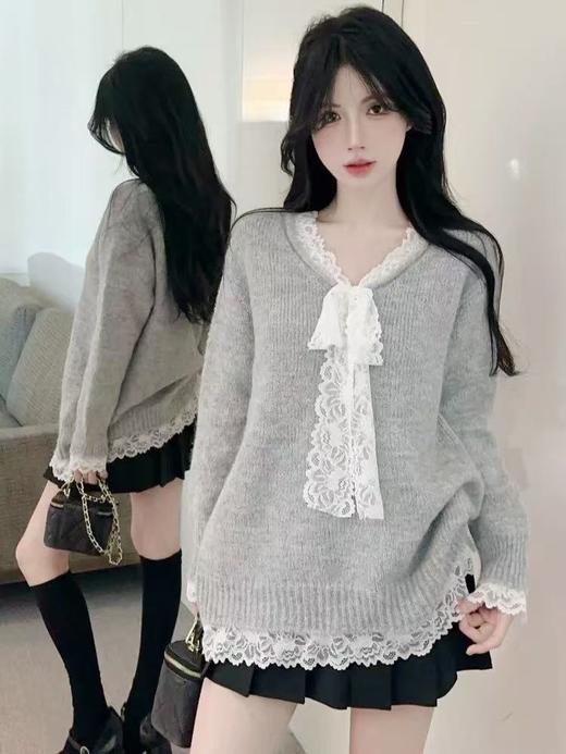 【孤品捡漏】（样衣）G91浅灰蕾丝领针织毛衣-喜出 商品图0