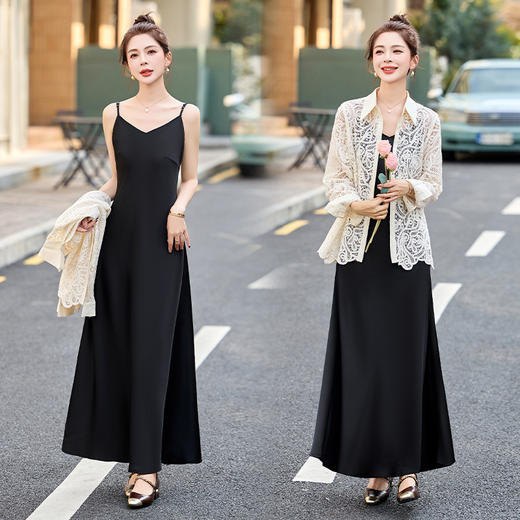 HR CPYY8122蕾丝镂空衬衫吊带连衣裙两件套遮肉显瘦时尚套装裙 商品图1