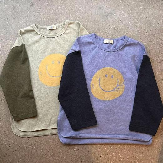 2025秋季儿童复古肌理笑脸印花假两件拼接纯棉亲子9分长袖T恤！ 商品图0