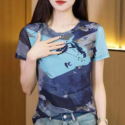 雀说水墨画印花短袖T恤新款网纱薄款百搭修身上衣AL10120 商品图2