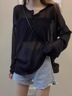 【孤品捡漏】G53黑色薄款微透侧开叉针织衫-喜出