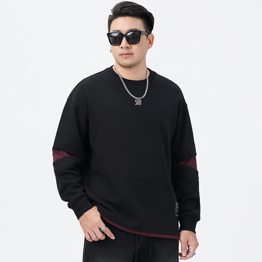 【DMH】大依优型大码男装圆领卫衣复古假两件撞色拼接休闲宽松男式长袖套头衫日系 商品图1