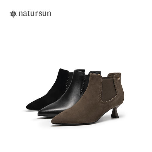 natursun细高跟时装靴女复古通勤短筒靴显瘦尖头靴子N25528692 商品图4