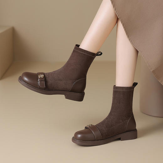 优选丨ZHR则则3cm增高短靴2025新款秋季美拉德山茶花弹力袜靴EH203 商品图4