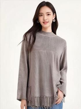 【孤品捡漏】（样衣）G88流苏半高领花纱咖色中长毛衫-喜出