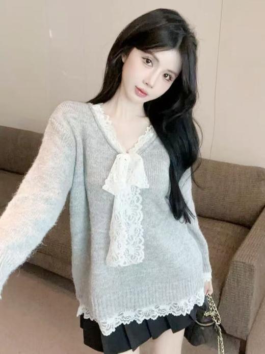 【孤品捡漏】（样衣）G91浅灰蕾丝领针织毛衣-喜出 商品图1