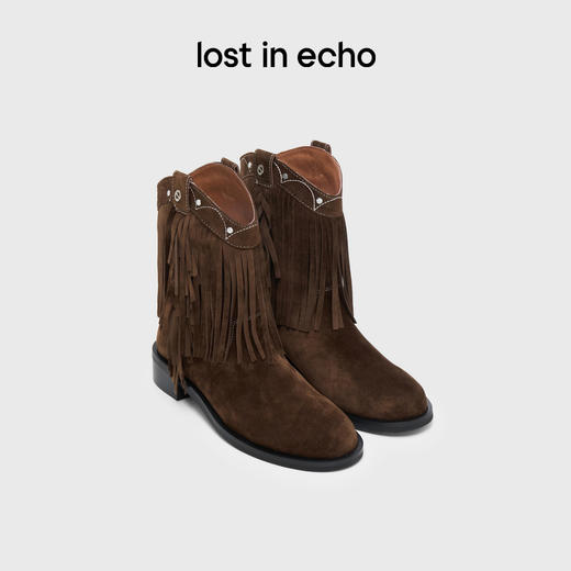 lost in echo2025早秋新款波西米亚风羊皮流苏V口显瘦骑士短靴女 商品图0
