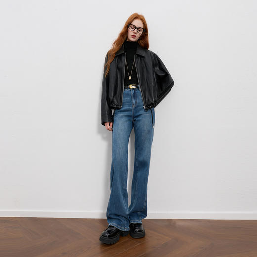 三彩2025冬季新款高腰牛仔裤休闲直筒裤一体绒长裤M 商品图3