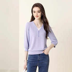 「自」全新升级【铂金会员183/天猫249/差价66】(13934)洛诗琳气质假两件V领七分袖针织衫女2025新款秋季简约洋气上衣