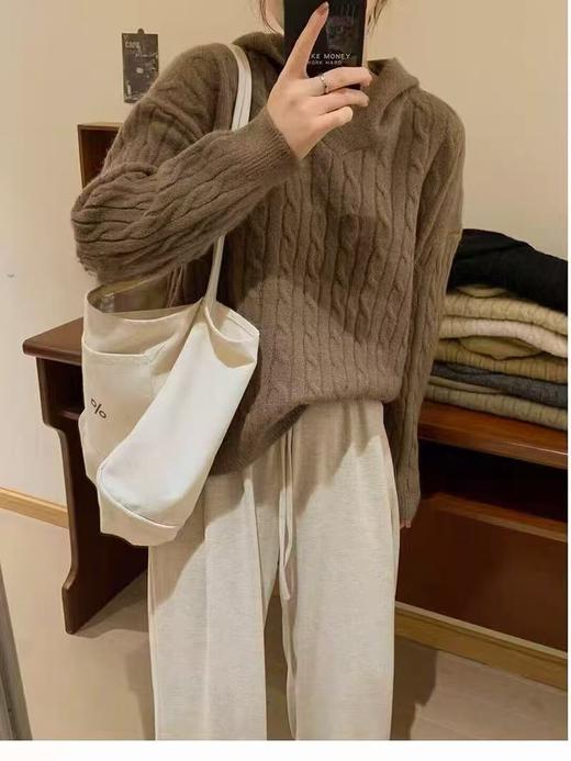 【孤品捡漏】G55咖色麻花短款连帽毛衣针织衫-喜出 商品图0