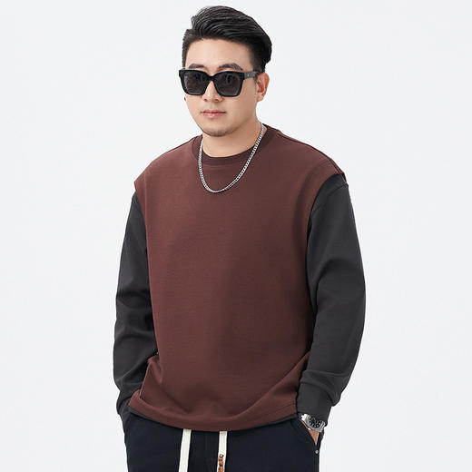 【DMH】大依优型大码男装假两件卫衣高街拼色简约长袖休闲上衣假两件落肩袖宽松加肥日系 商品图1