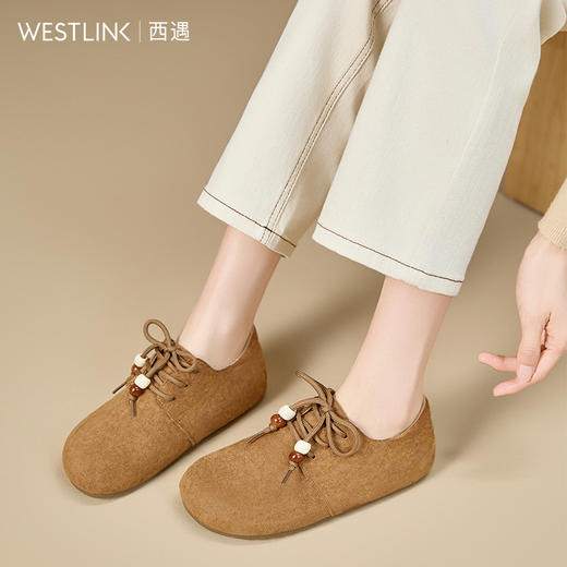【限时秒杀】西遇平底勃肯鞋女新款秋季复古百搭袋鼠鞋圆头软底系带小皮鞋V1857061 商品图1